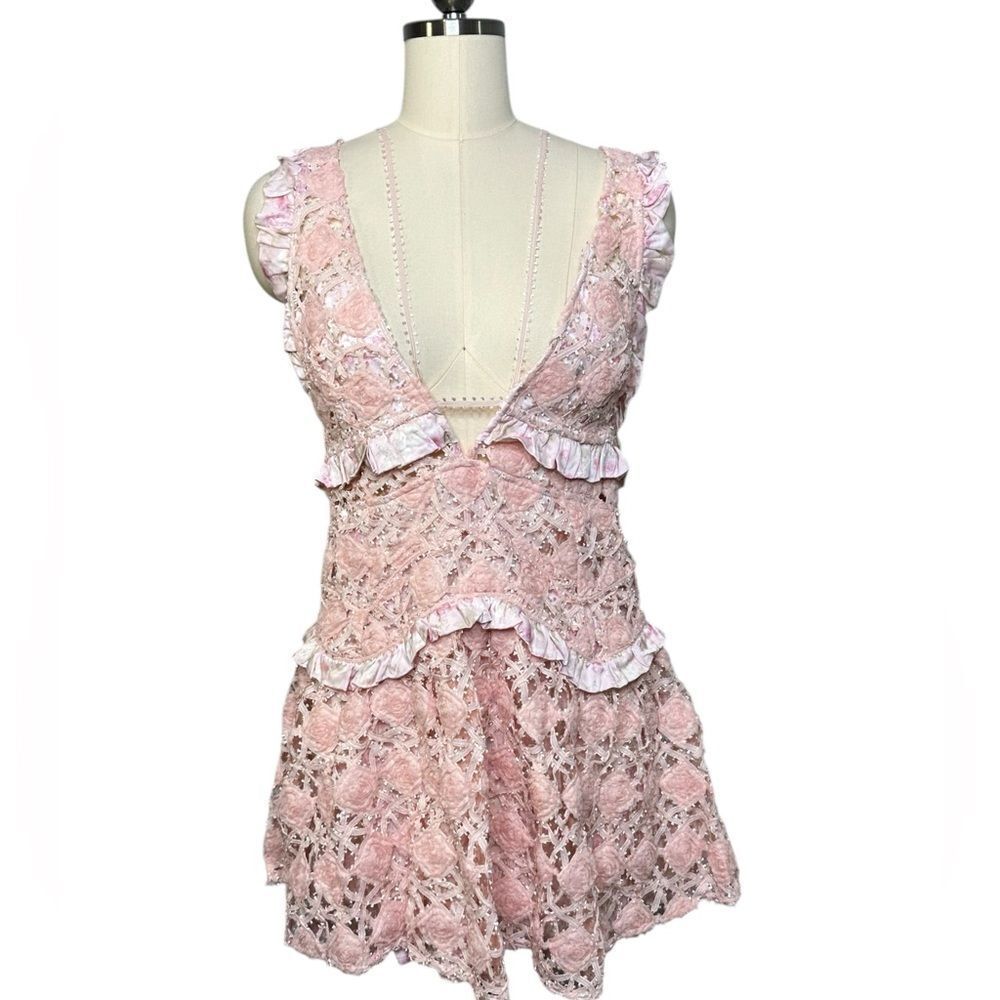 For Love and Lemons Alessia Pink Flora Ruffle Mini Dress | Size M - Picture 4 of 12